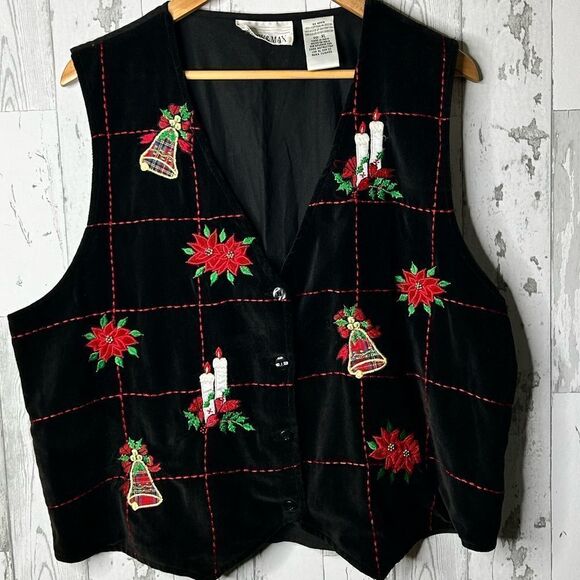 Casey & Max Women's Embroidered Christmas Vest Size XL Velvet Poinsettia & Bells - Picture 1 of 6